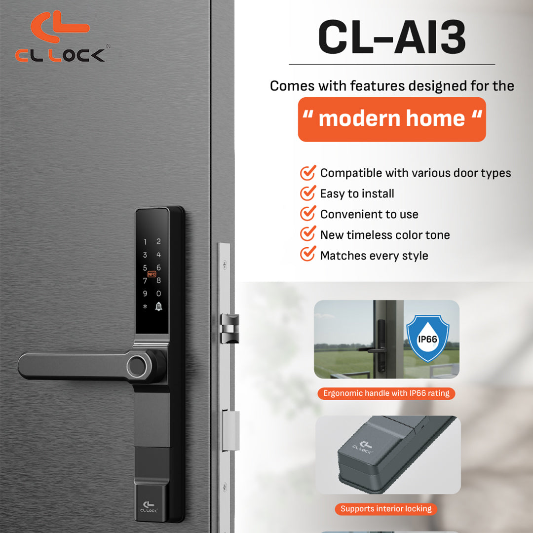 CL-AI3 | Wi-Fi Tuya App Aluminium digital door lock with 304 Stainless steel Lockcase For Sliding & Swing Doors Dustproof & Waterproof (IP67)