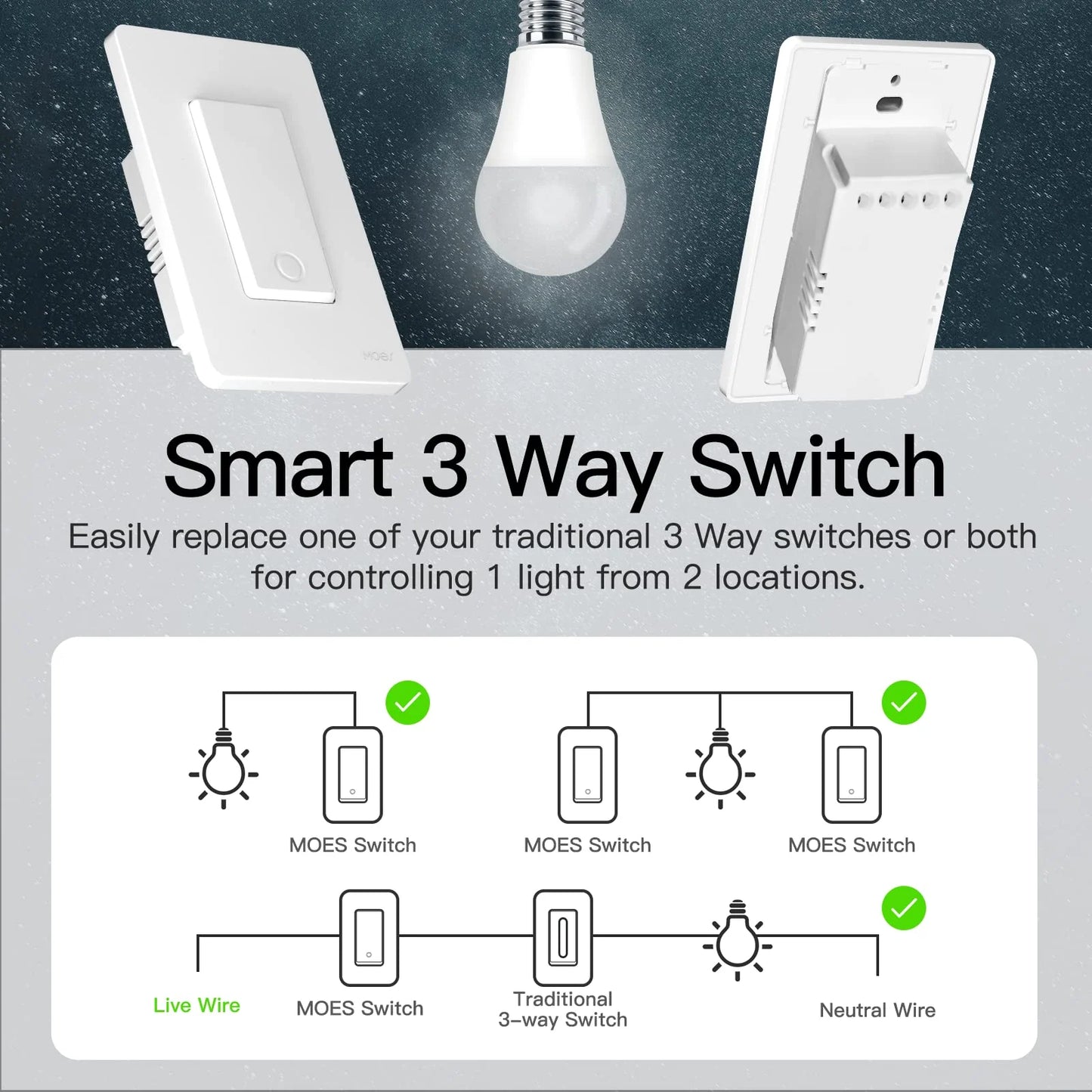 MOES Star Ring 2nd Generation Smart Single Pole 3 Way WIFI Switch